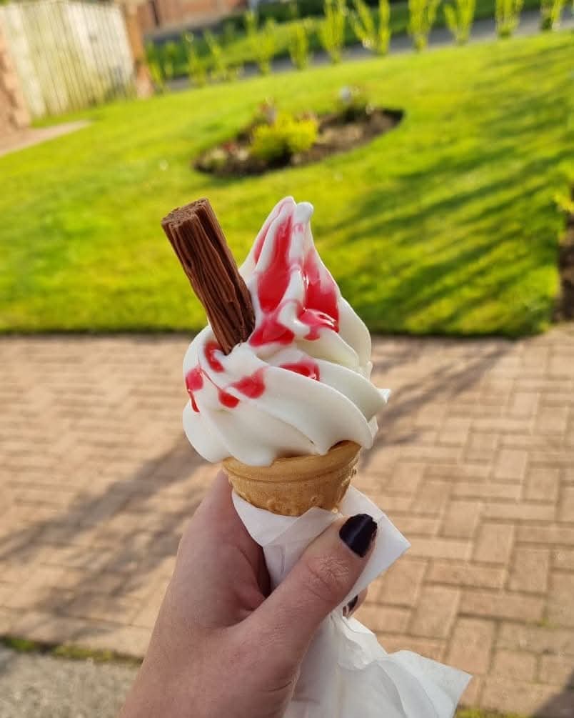 Classic 99 cone with strawberry sauce and flake in a sunny garden